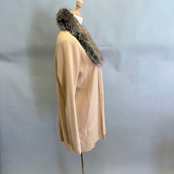 Anne Klein camel tan knit sweater jacket with faux fur collar Size medium - Picture 3 of 15